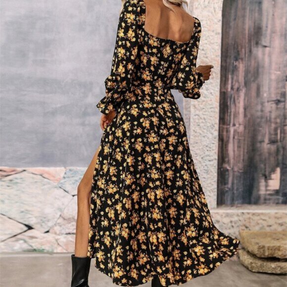 Floral Print Square Neck Flounce Sleeve Split Thigh Dress Maxi Women - Picture 5 of 5